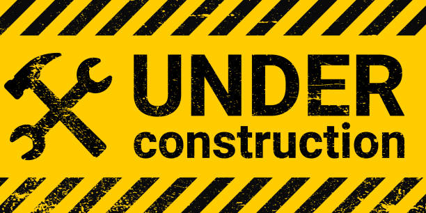 under construction site banner sign, vector black and yellow diagonal stripes under construction, hammer and wrench repair sign with grunge texture